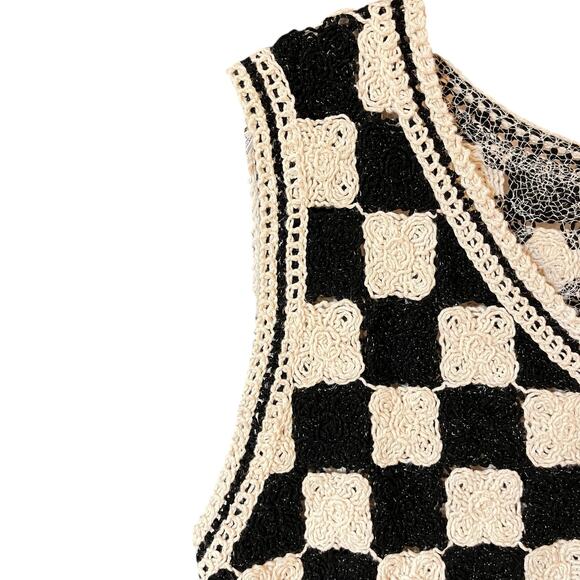 Crochet Checkered Granny Square Sweater Vest Size M Black Boho Festival - Picture 5 of 13